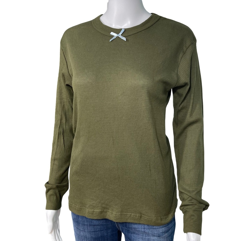 NEW Y2K Olive Green Thermal Top 100% Cotton Waffle Knit Bow Detail Size L
